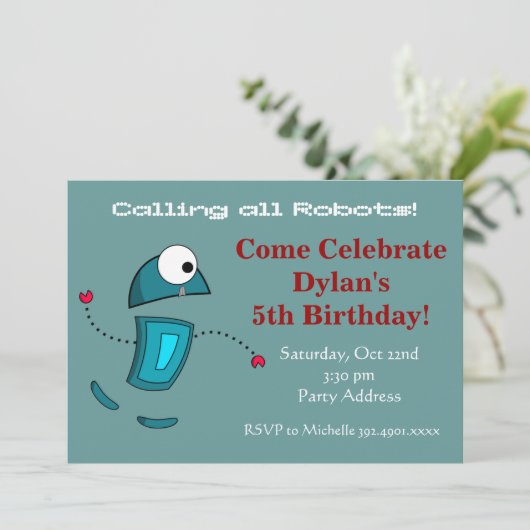 Cool Robot Birthday Party - Uitnodigingen Blauwgro (Staand voorkant)