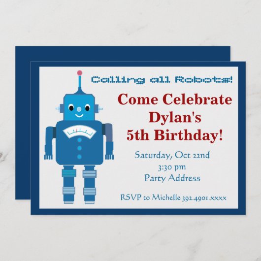 Cool Robot Birthday Party-uitnodigingen Kaart (Voorkant / Achterkant)