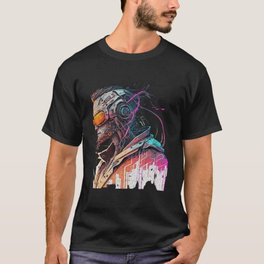 Cool Robot Cyberpunk retro  zonsondergang singular T-shirt (Voorkant)