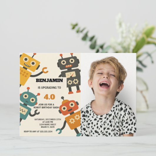 Cool Robot Verjaardag Uitnodiging met foto (Staand voorkant)