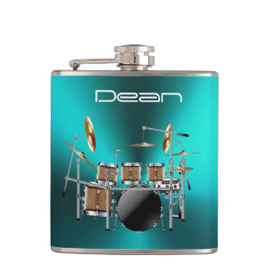Cool Rock-drum op een metallisch blauw muziekmaatk Heupfles