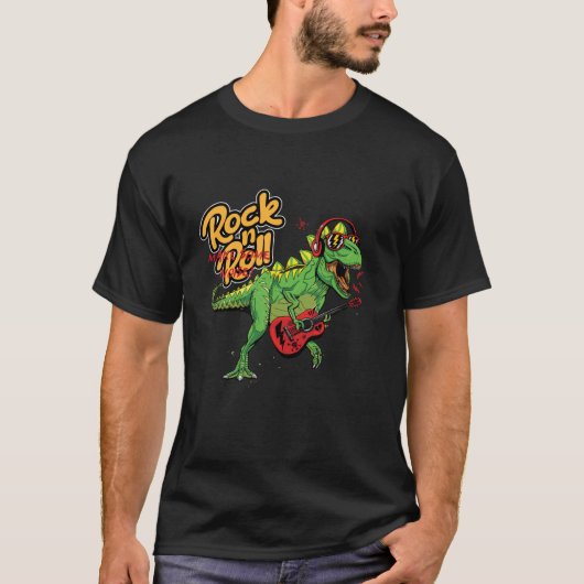 Cool Rock Roll T Rex Dinosaur Illustratie Grafisch T-shirt (Voorkant)
