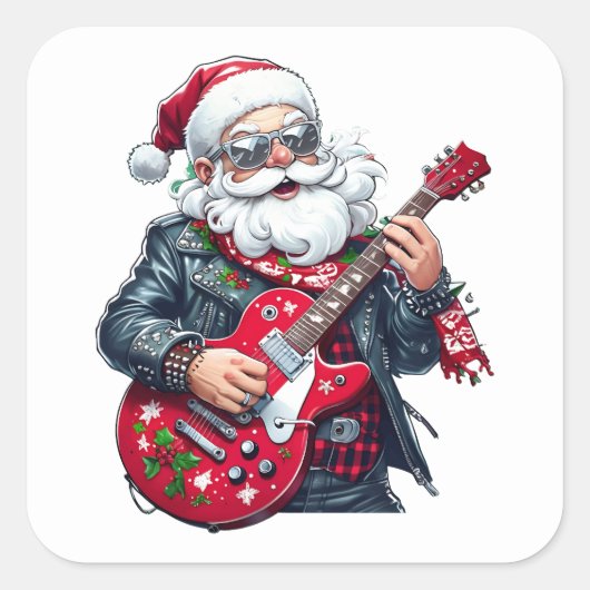 Cool Rocker Santa Playing Red Guitar Vierkante Sticker (Voorkant)