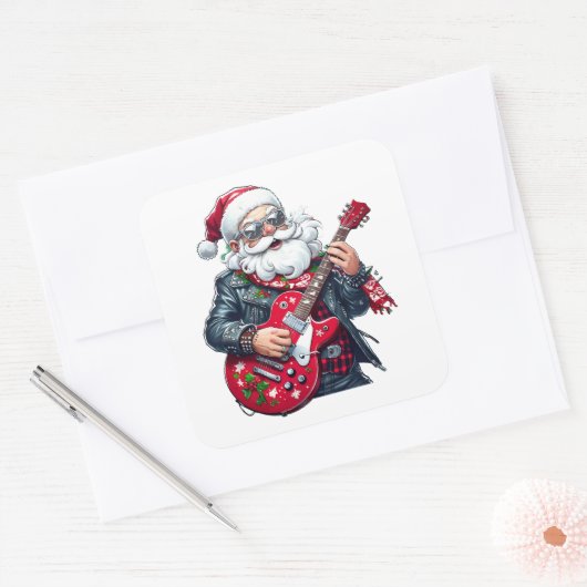 Cool Rocker Santa Playing Red Guitar Vierkante Sticker (Envelop)