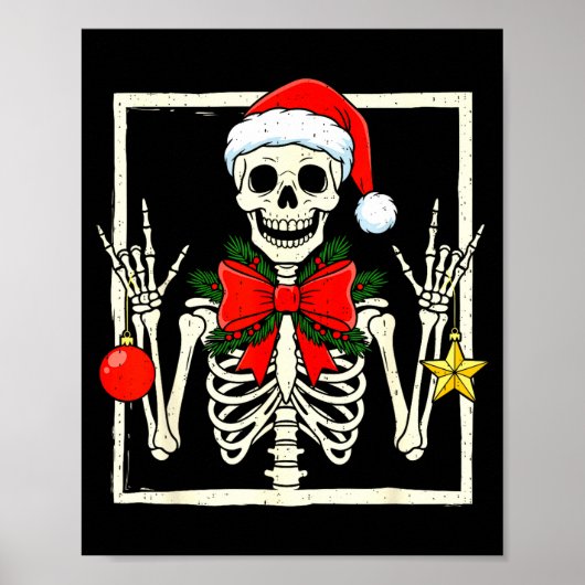Cool Rocker Skeleton Santa Hat Christmas Punk Rock Poster (Voorkant)