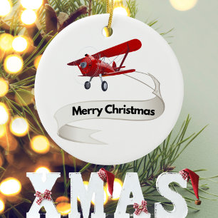 Cool Rode Vliegtuig & Kerstman, Prettig Kerstfeest Keramisch Ornament