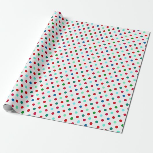 Cool Rood Blauw Groen en Blauwgroen Polka Dot Patt Cadeaupapier (Uitgerold)