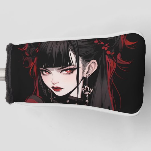 Cool Rood en Zwart Gothic Esthetische Anime Meisje Golfheadcover (Voorkant)