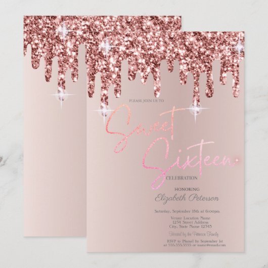 Cool Roos Gold Glitter Drips Blush Pink Sweet 16 Kaart (Voorkant / Achterkant)