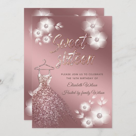 Cool Roos gouden jurk parel bloemenzoet zestien Kaart (Voorkant / Achterkant)