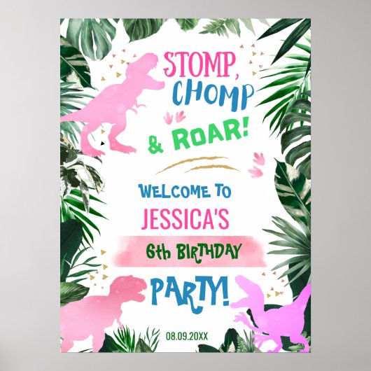 Cool roze Girl Dinosaur - verjaardag welkom T-Rex Poster (Voorkant)