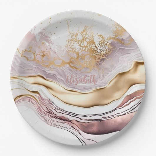 Cool Roze Marmeren Steen Goud Papieren Bordje (Voorkant)