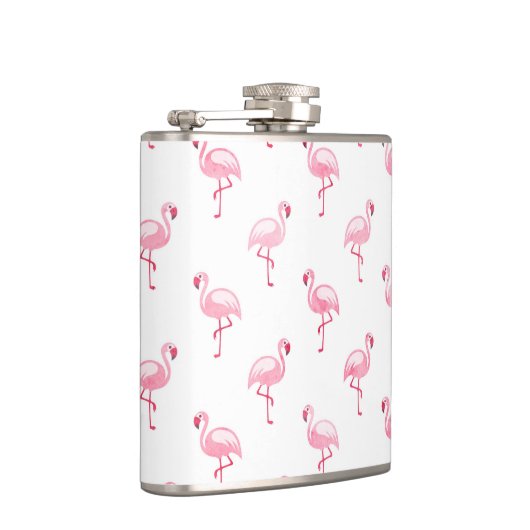 Cool Roze Tropisch Flamingo patroon op Wit Heupfles (Rechts)