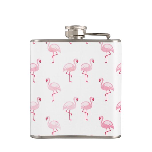 Cool Roze Tropisch Flamingo patroon op Wit Heupfles (Achterkant)