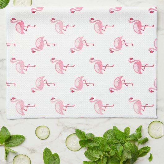 Cool Roze Tropisch Flamingo patroon op Wit Theedoek (Gevouwen)