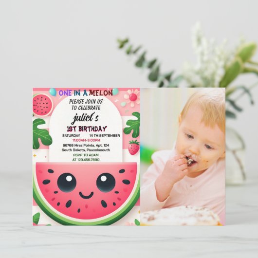 Cool roze zomer een in een meloen eerste 1e verjaa kaart (Staand voorkant)