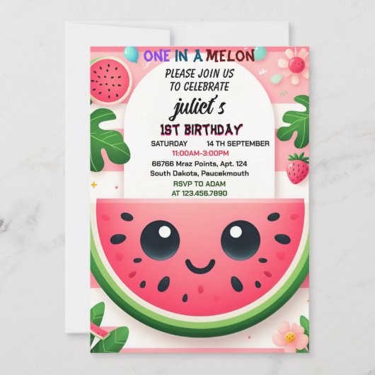 Cool roze zomer een in een meloen eerste 1e verjaa kaart (Voorkant)