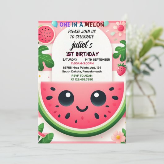 Cool roze zomer een in een meloen eerste 1e verjaa kaart (Staand voorkant)