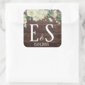 Cool Rustisch houtflorale monogram trouwdatum Vierkante Sticker (Tas)