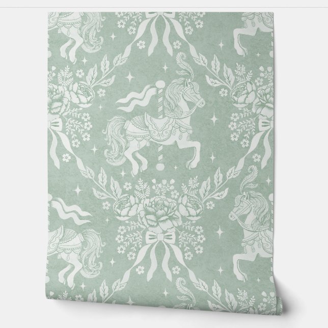 Cool Sage Rococo Carrouselpaarden & Bloemen Behang (Afrollen)