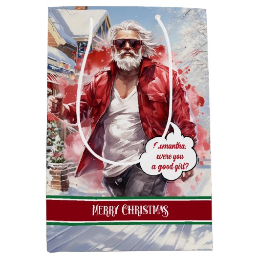 Cool Santa Claus Gift Bag Custom Name Keepsake Medium Cadeauzakje (Voorkant)
