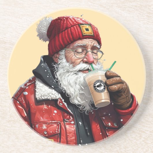 Cool Santa Drink Iced Coffee Christmas Art Zandsteen Onderzetter (Voorkant)