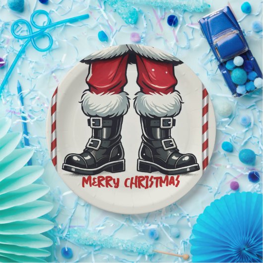 Cool Santa in Black Boots Kerstfeest Papieren Bordje (Feest)