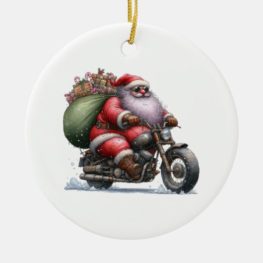 Cool Santa op een motorfiets Gepersonaliseerd Keramisch Ornament (Voorkant)