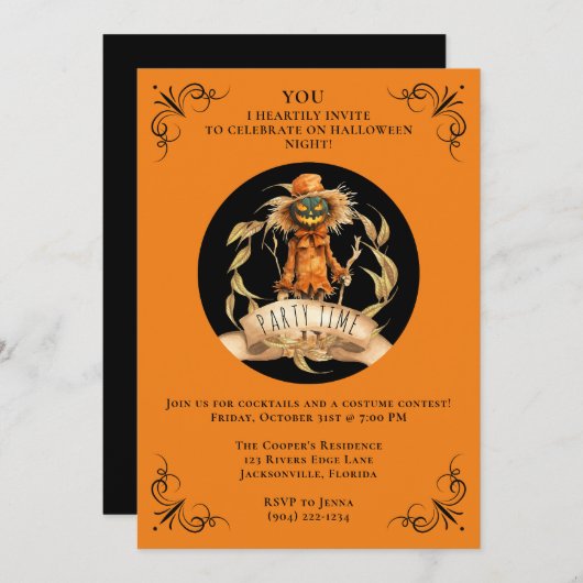 Cool Scarecrow Halloween Party Invite Kaart (Voorkant / Achterkant)