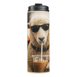 Cool Schaap Drinkt IJskoude Koffie Thermosbeker