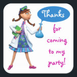 Cool Science verjaardagsfeest voor meisjes Vierkante Sticker<br><div class="desc">Cool Science Party Girl karakter gemaakt van polymeerklei,  gebakken in de oven,  geschilderd met acryl. gefotografeerd en digitaal verbeterd. Volg mijn Amy Vangsgard Party Blog op http://amyvangsgardpartyblog.blogspot.com</div>