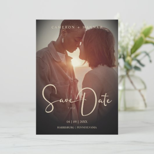 Cool Script Sophisticated Fake Golden Trendy Photo Save The Date (Staand voorkant)
