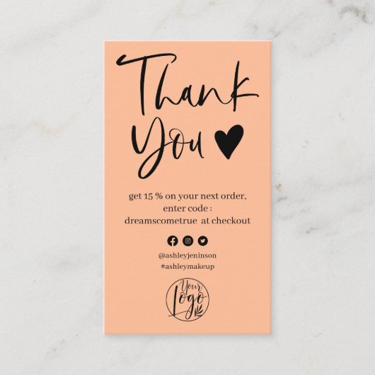 Cool script zwart perzik logo bestelling dank u visitekaartje (Voorkant)