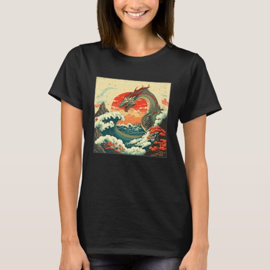 Cool Sea Dragon Illustration Ocean Waves Sunset Wo T-shirt (Voorkant)