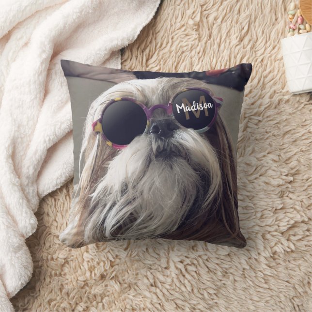 Cool Shih Tzu  retro bril Foto Monogram Kussen (Deken)