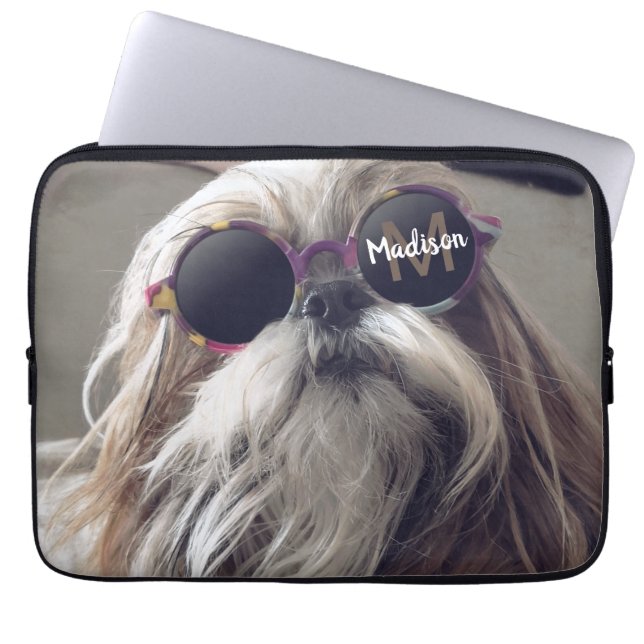 Cool Shih Tzu  retro bril Foto Monogram Laptop Sleeve (Voorkant)