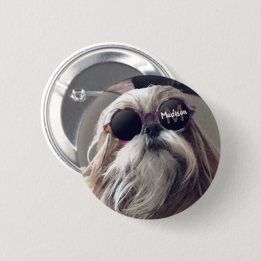 Cool Shih Tzu  retro bril Foto Monogram Ronde Button 5,7 Cm (Voorkant /achterkant)