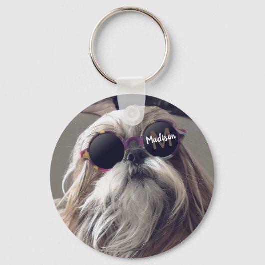 Cool Shih Tzu retro bril Foto Monogram Sleutelhanger (Voorkant)