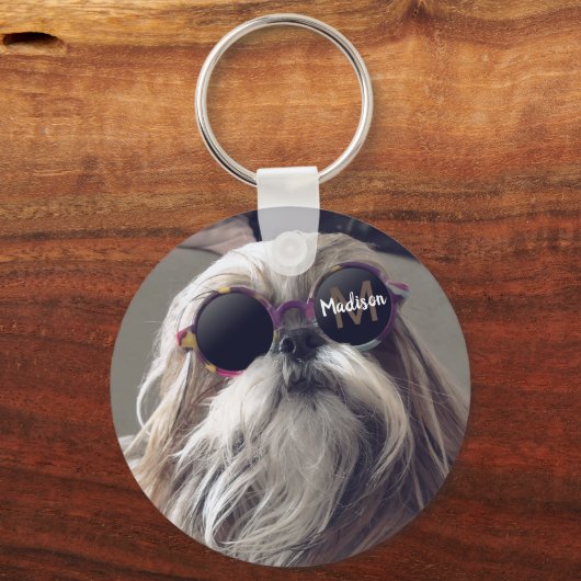 Cool Shih Tzu retro bril Foto Monogram Sleutelhanger (Voorkant)