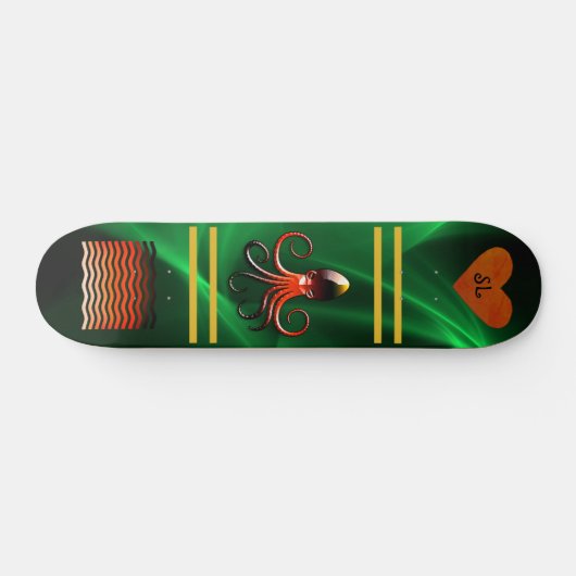 Cool Shiny Green Monogrammed Octopus Skateboard (Horizontaal)