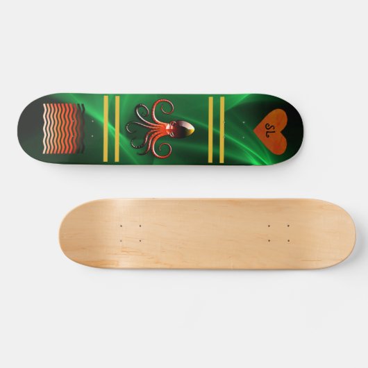 Cool Shiny Green Monogrammed Octopus Skateboard (Horizontaal)