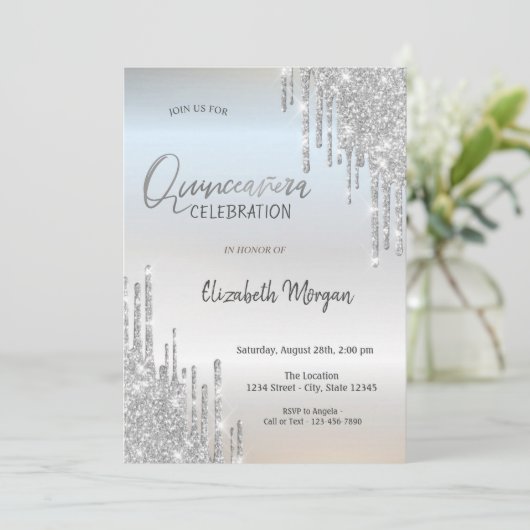 Cool Silver Glitter Drift Quinceañera Kaart (Staand voorkant)