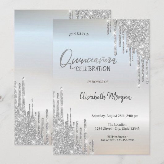 Cool Silver Glitter Drift Quinceañera Kaart (Voorkant / Achterkant)