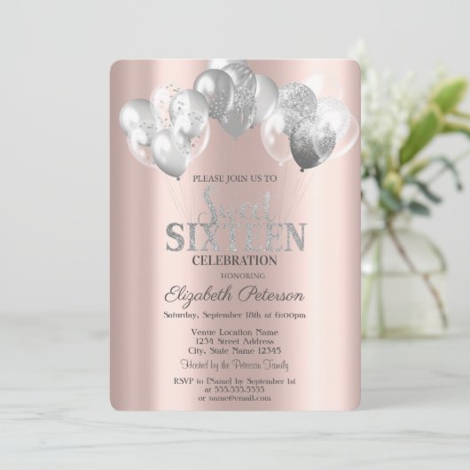 Cool Silver Glitter Drips Balloons Sweet 16 Kaart (Staand voorkant)