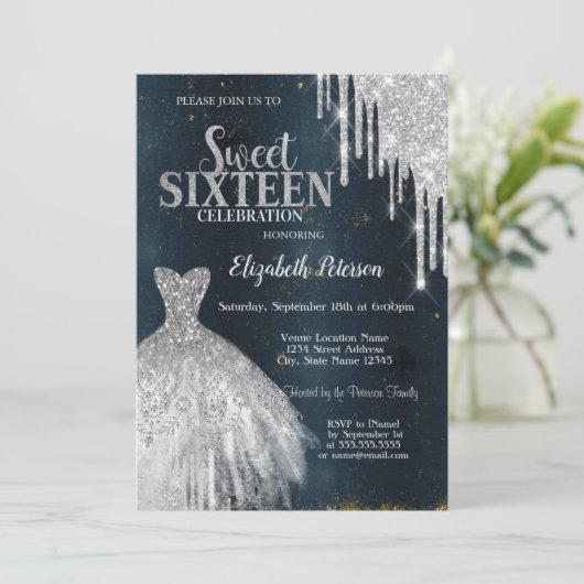 Cool Silver Glitter Drips, Dress Dark Blue Sweet 1 Kaart (Staand voorkant)