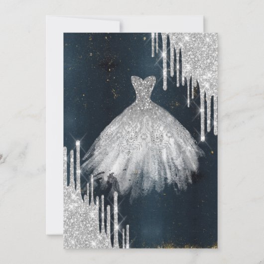Cool Silver Glitter Drips, Dress Dark Blue Sweet 1 Kaart (Achterkant)