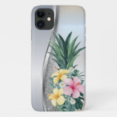 Cool Silver Glitter Pineapple Tropische Bloemen Case-Mate iPhone Case (Achterkant)