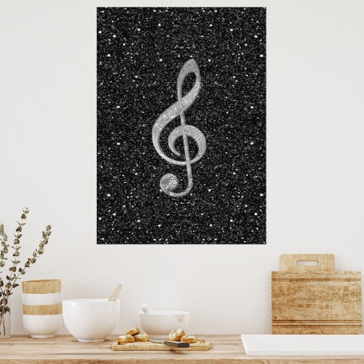Cool silver glitter shining effects treble clef poster (Keuken)