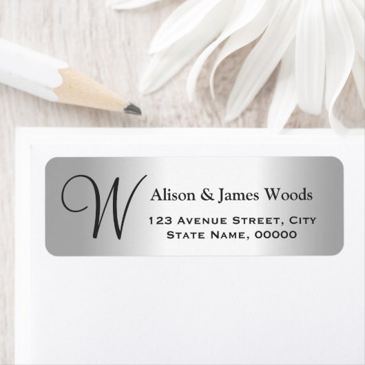 Cool Silver Metallic Zoek Monogram Weddenschap Etiket (Insitu)
