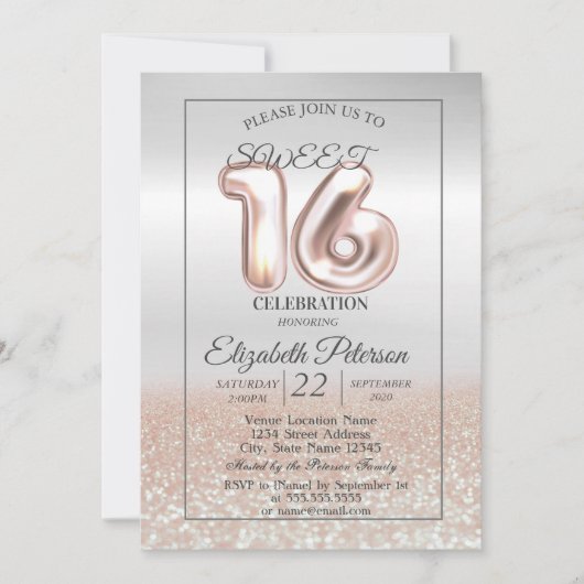 Cool Silver Roos Gold Bokeh Sweet 16 Party Kaart (Voorkant)